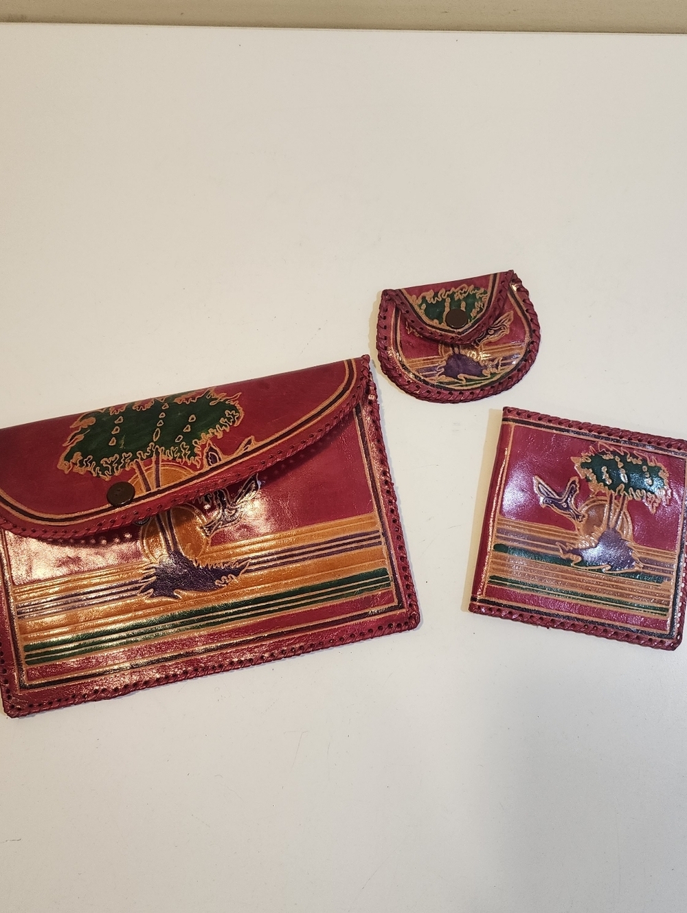 Leather Habdcrafted Vintage Clutch Billfold And Coins Set